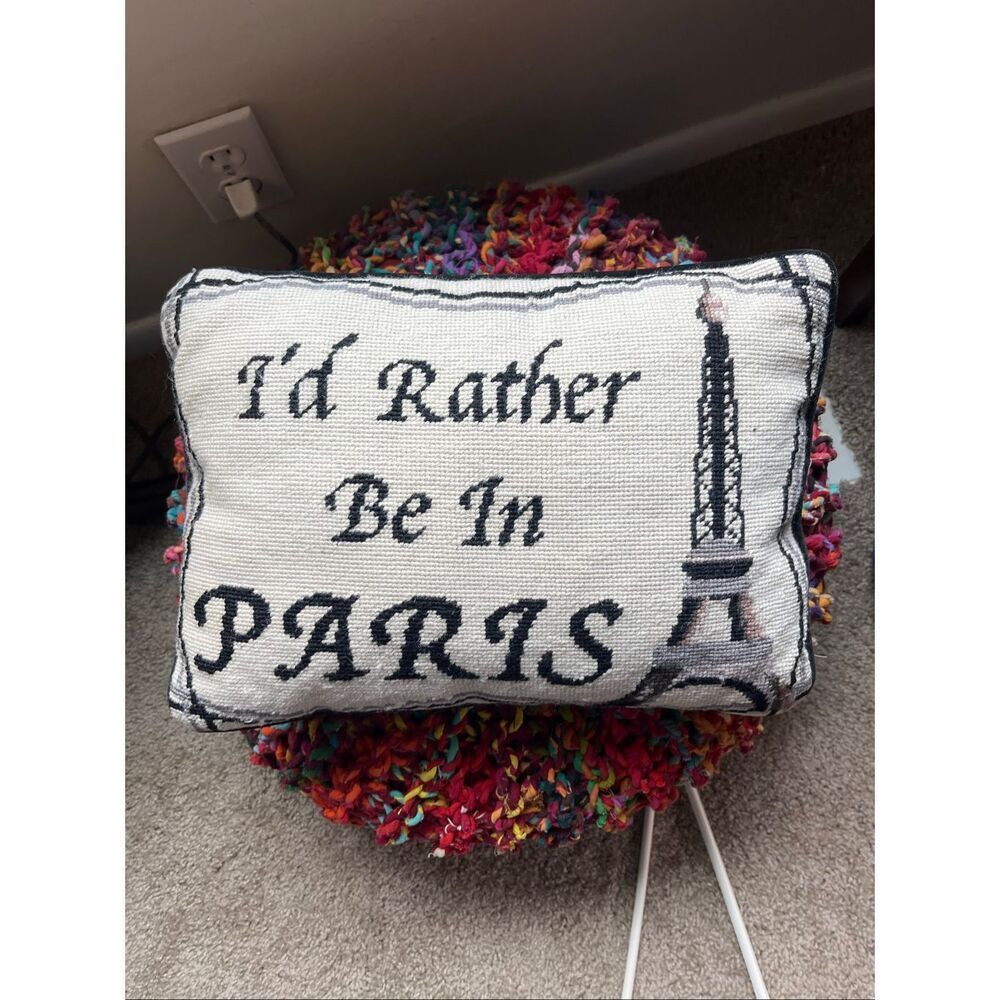 VTG Paris Needlepoint Pillow Eiffel Tower Velvet Back French Cottage Decor